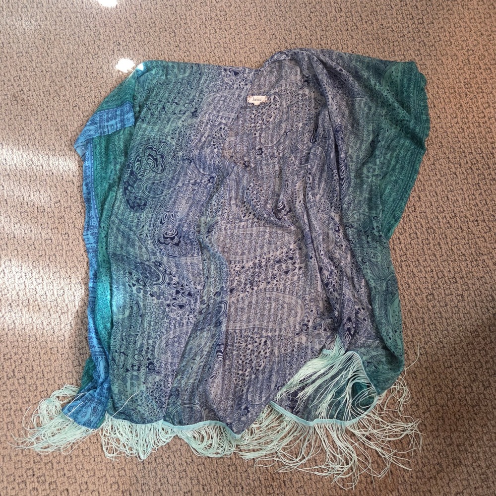 Janice One Size Blue Green Paisley Print Kimono Cardigan Cover Up Fringe